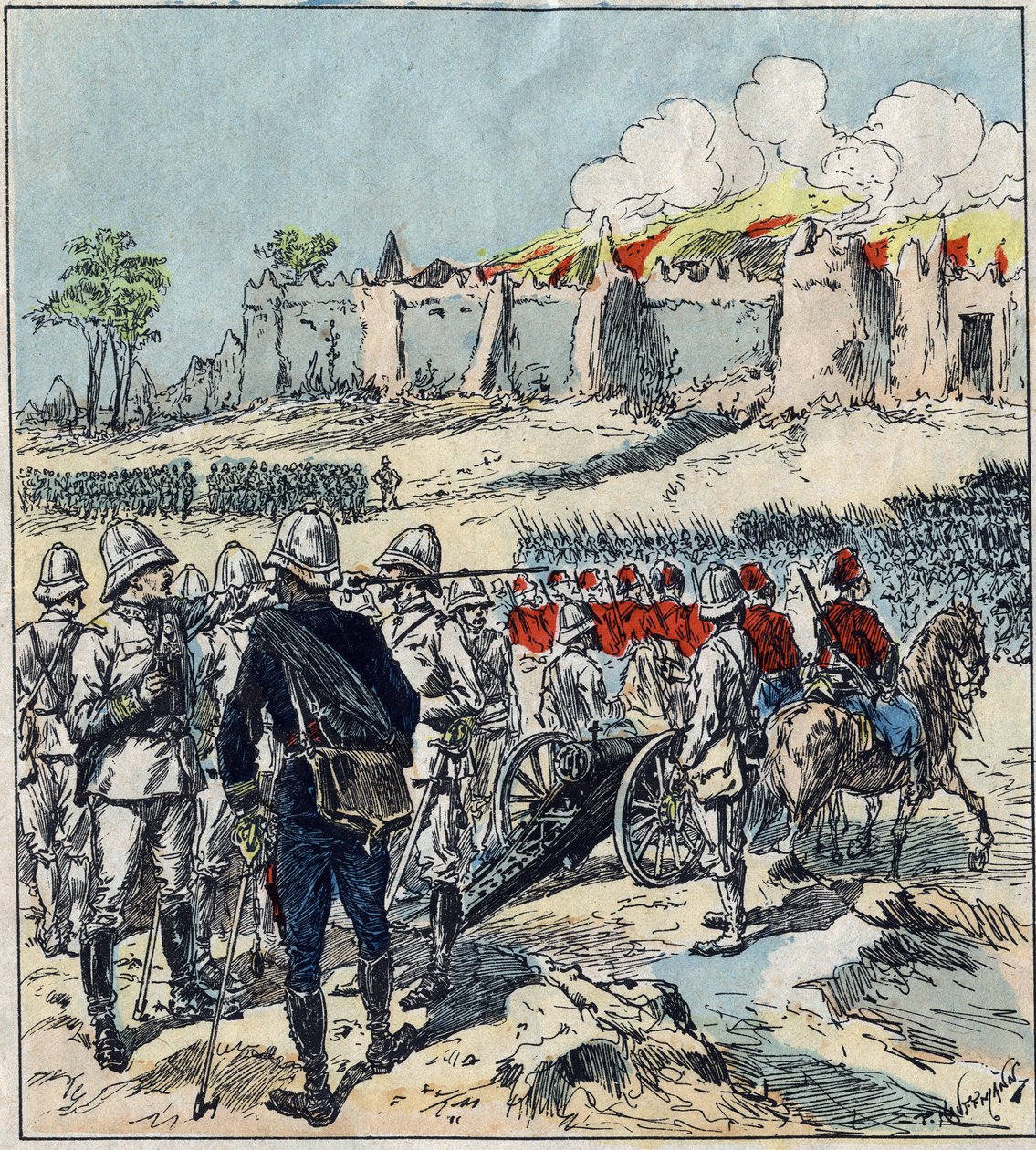 Französische Expedition nach Dahomey (heutiges Benin). General Dodds formiert seine Angriffskolonnen vor Abomey von French School