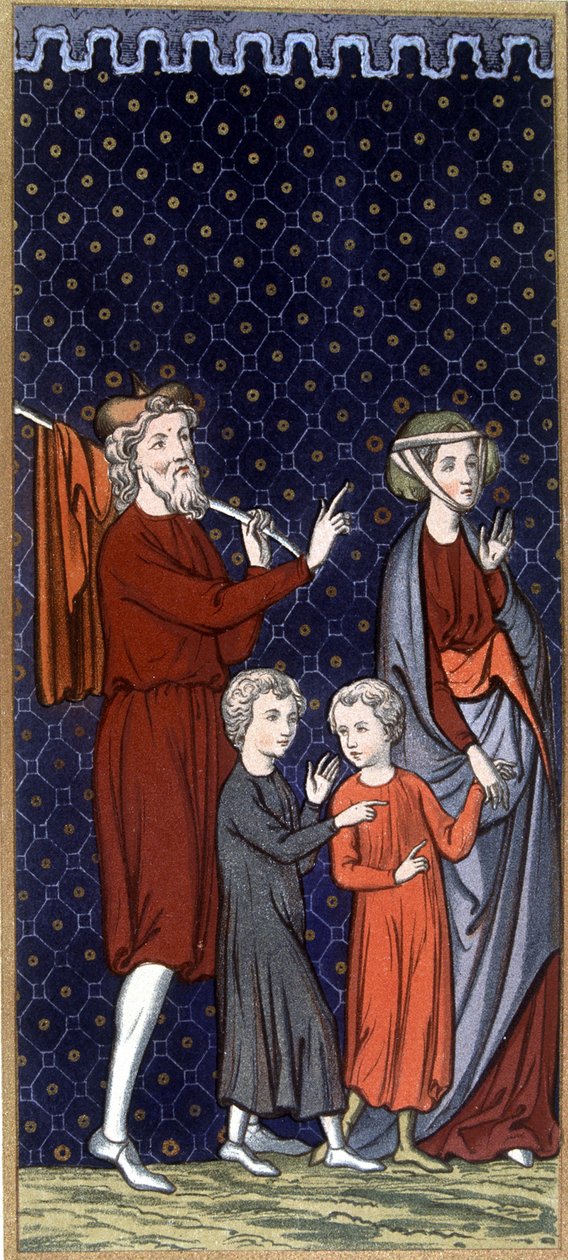 Französische Familie im 14. Jahrhundert - in „Sumptuary arts of costume and furniture“, ed. Mangard-Maugé von French School