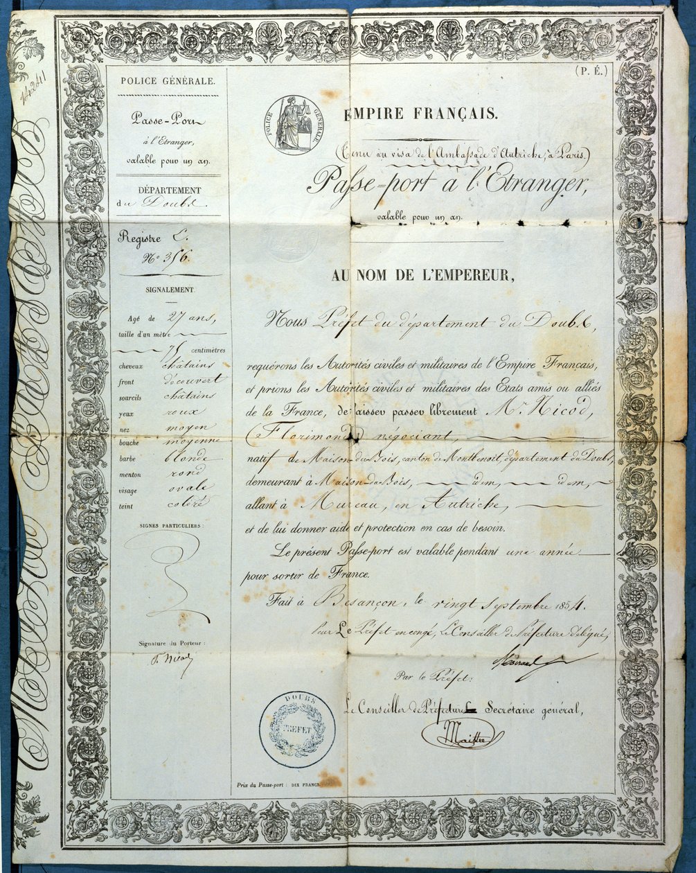 Französischer Pass, aus Besançon, 20. September 1854 von French School