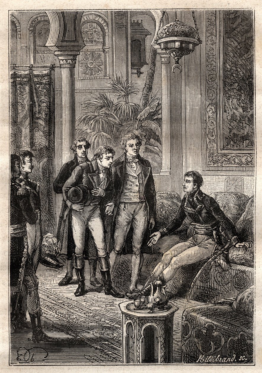Friedrich Konrad Hornemann (1772-1801) traf Napoleon Bonaparte in Kairo 1797 in Anwesenheit von Gaspard Monge (1746-1818) und Claude Louis Berthollet (1748-1822) - Illustration aus „Die großen Seefahrer des 18. Jahrhunderts“ von French School