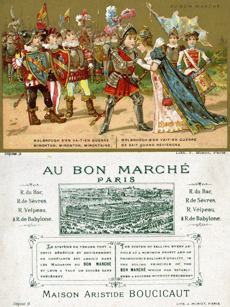 Vorder- und Rückseite einer Werbekarte für das Pariser Kaufhaus Au Bon Marché, die eines der beliebtesten Volkslieder in der französischen Sprache darstellt, Marlbrough sen va-t-en guerre (Marlborough) von French School