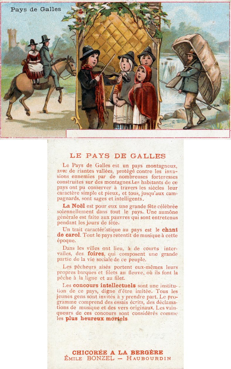 Vorder- und Rückseite einer Werbekarte für das Getränk Chicorée à la Bergère mit Darstellungen des Lebens in Wales, ca. 1890 von French School