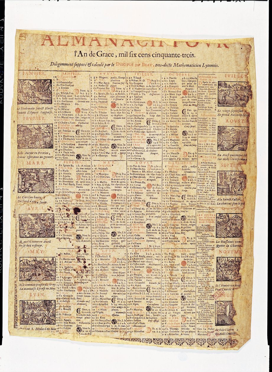 Titelseite eines Almanachs für 1653 von French School