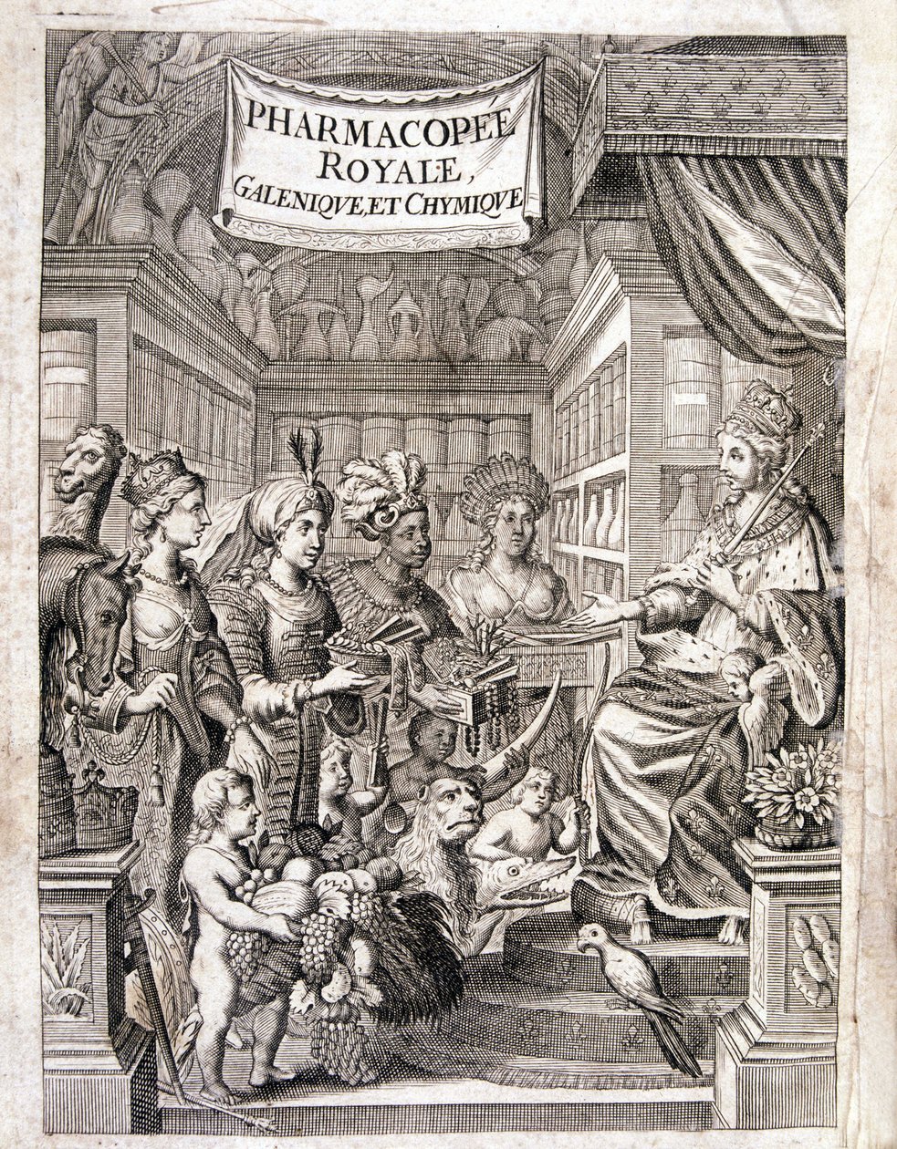 Frontispiz von „Pharmacopoeia royal, galenic and chymic“ von Morse Charas, Pharmazie im Königlichen Garten der Pflanzen bei Laurent d