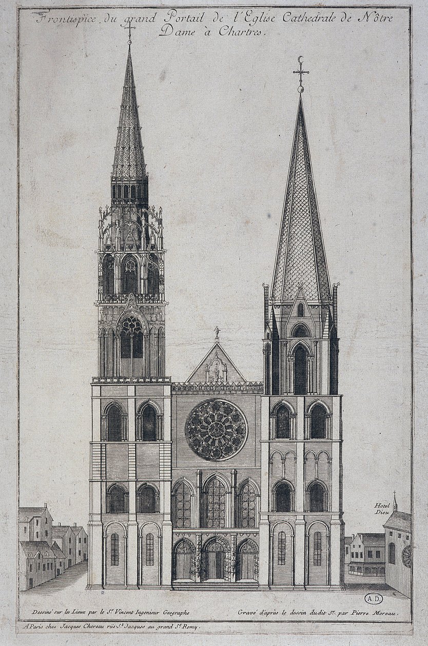 Frontispiz des großen Portals der Kathedrale Notre Dame in Chartres, vor Ort entworfen von Saint Vincent Geographer Engineer, 19. Jahrhundert von French School