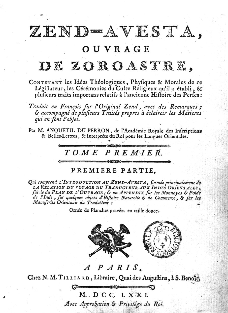 Frontispiz einer Ausgabe des Zend Avesta, 1771 von French School