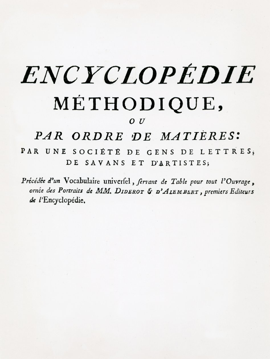Frontispiz zur Methodischen Enzyklopädie nach Sachgebieten, herausgegeben von Denis Diderot und Jean Le Rond d