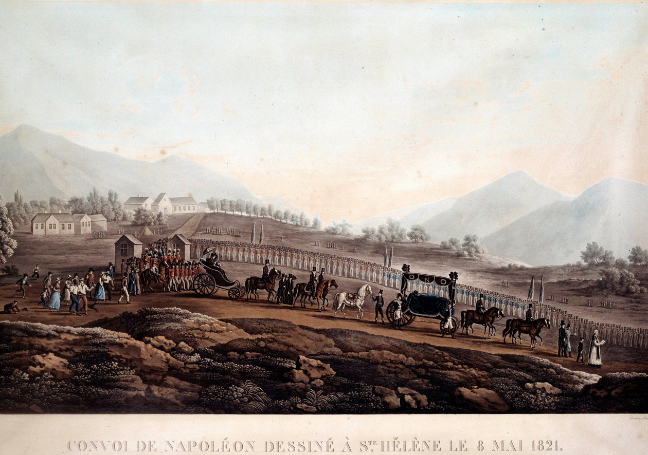 Trauerzug von Napoleon I. (1769-1821) nach St. Helena am 8.05.1821. Gravur um 1830. Île d