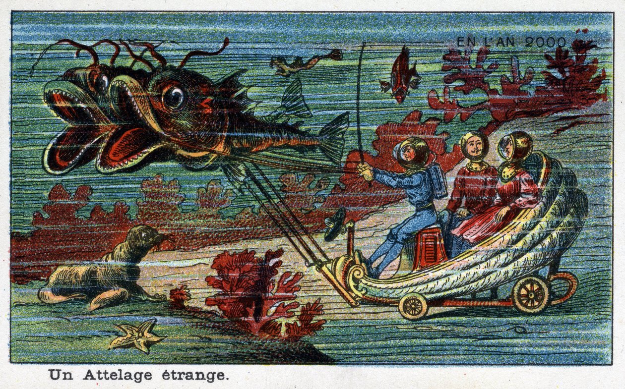 Futuredays: Eine Vision des 19. Jahrhunderts vom Jahr 2000 - Serie „Im Jahr 2000“: Ein seltsamer Anhang (Panzer, der von Fischen unter Wasser gezogen wird). Chromolithographie von Villemard von French School