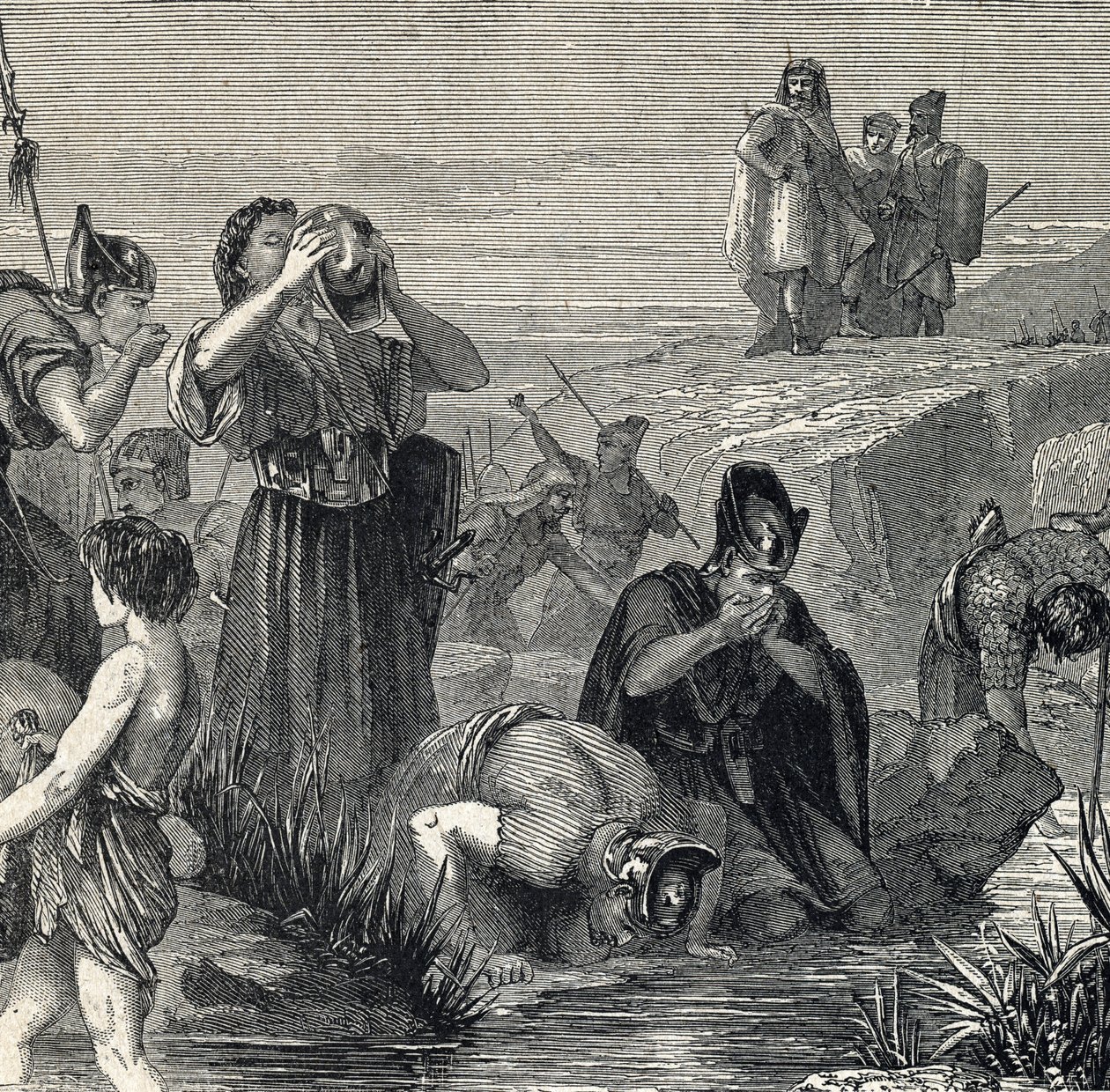 Gideon wird von Gott berufen, die Midianiter zu besiegen, und wählt seine Soldaten aus denen aus, die beim Trinken Wasser zum Mund führen von French School