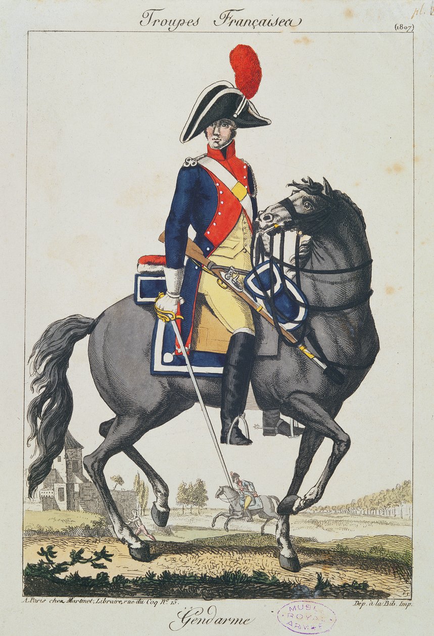 Gendarm auf einem Pferd, 1807 (Farbstich) von French School