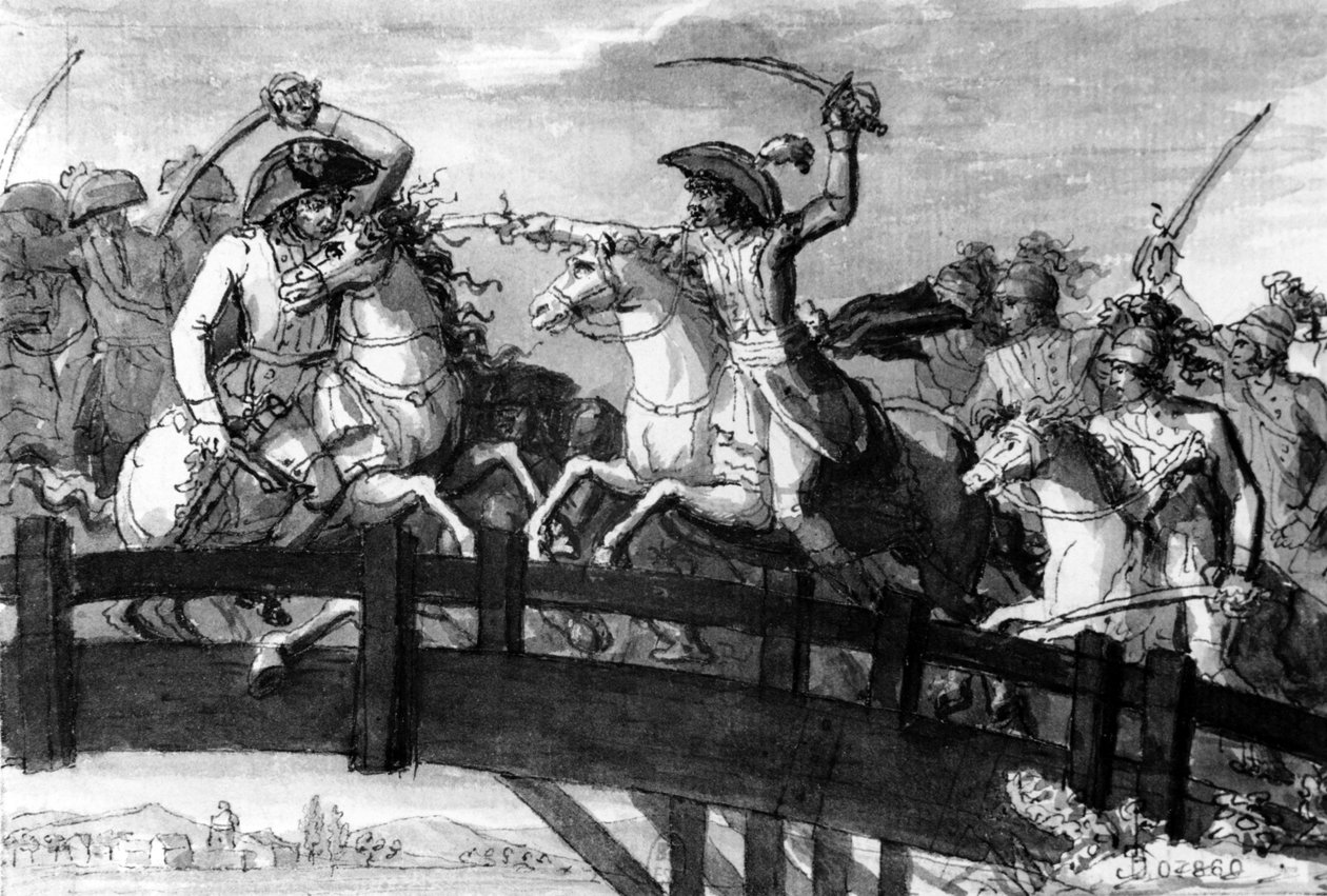 General Alexandre Dumas, der Horatius Cocles von Tirol, tötet im Jahr 1797 auf der Clausen-Brücke eigenhändig drei österreichische Gegner, ca. 1797 von French School