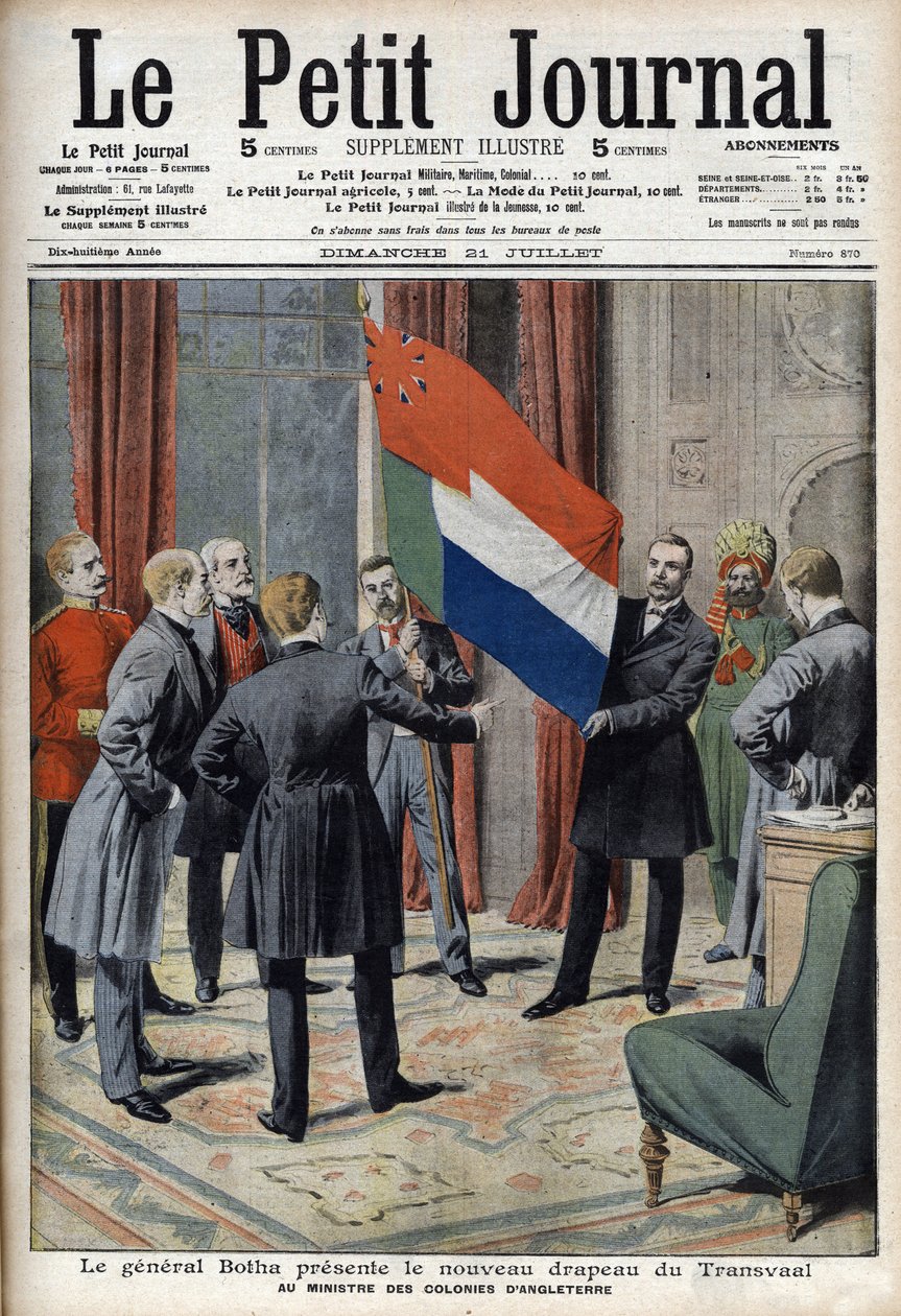 General Pieter Willem Botha (ein Bure) präsentiert die neue Flagge des Transvaal (Südafrika) dem englischen Kolonialminister Lord Elgin - In „Le Petit Journal“ vom 21. Juli von French School