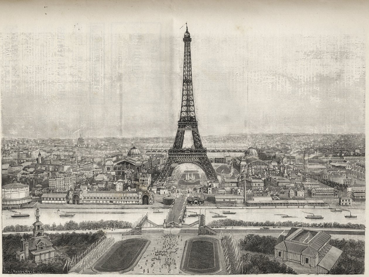 Gesamtansicht der Weltausstellung in Paris 1889 mit dem Eiffelturm vom Trocadero aus, Gravur - Gesamtansicht der Weltausstellung in Paris 1889 mit dem Eiffelturm, Gravur in Le Monde Illustré von 1889 von French School