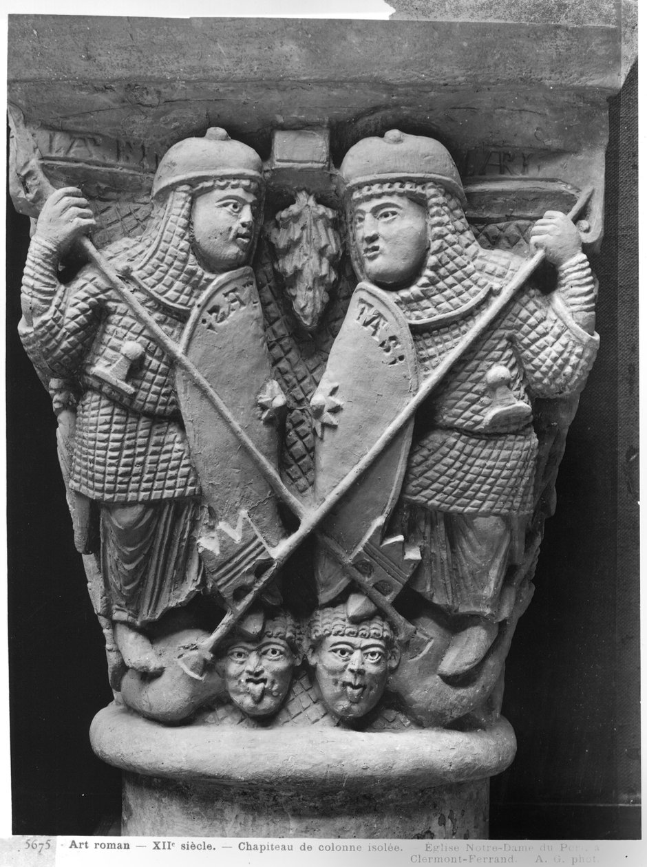 Großzügigkeit und Wohltätigkeit durchbohren zwei Laster, Kapitell darstellend den Kampf der Laster gegen die Tugenden, aus der Kirche Notre-Dame-du-Port, Clermont-Ferrand (Gipsabguss) von French School