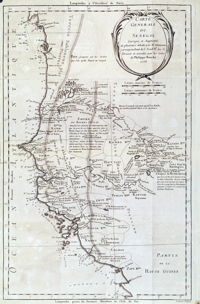 Geografische Karte von Senegal aus einem Atlas von Philippe Buache (1700-1773) 1756 Paris, Naturkundemuseum von French School