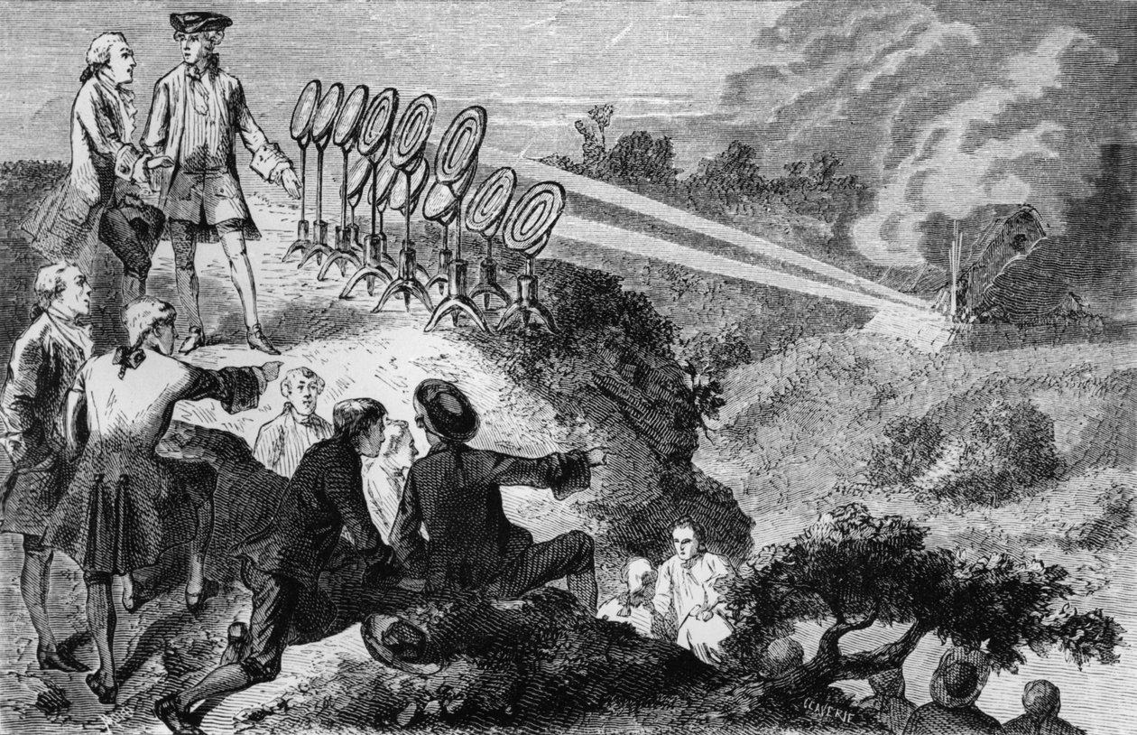 Georges-Louis Leclerc (1707-88) Graf von Buffon experimentiert mit brennenden Spiegeln auf Heuhaufen in Montbard, aus La Vie des Savants Illustres von Louis Figuier, veröffentlicht in Paris 1872 von French School