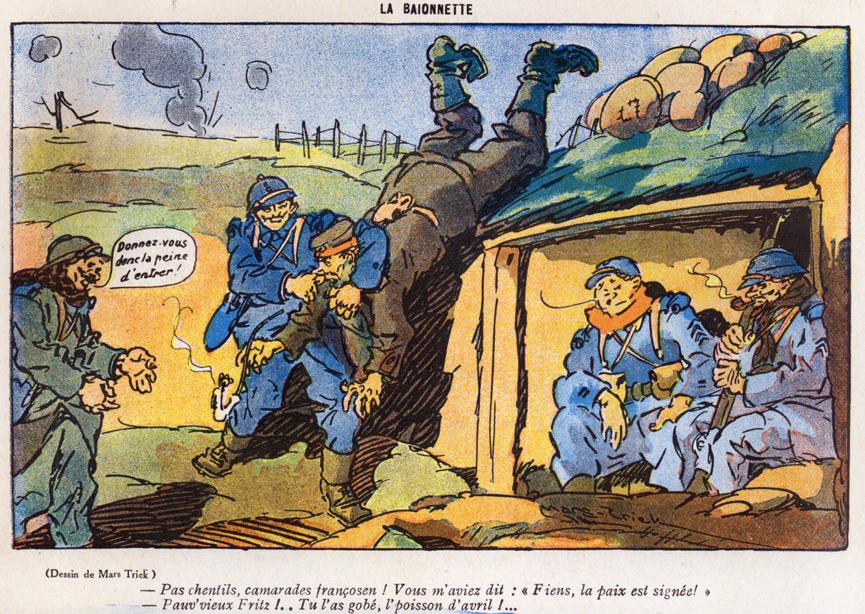 Deutscher Soldat von französischen Soldaten gefangen genommen, Karikatur aus der April-Ausgabe von La Baionette, 29. März 1917 von French School