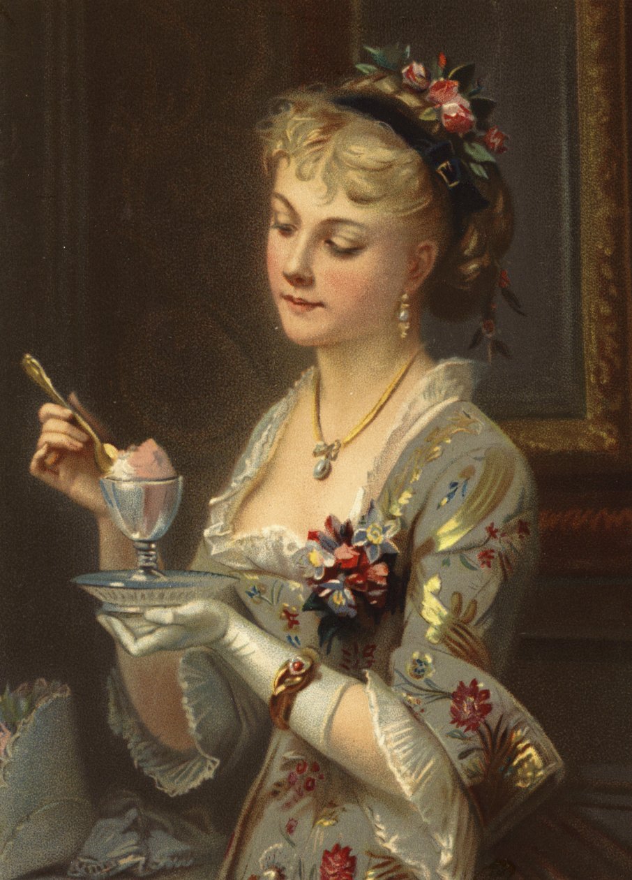 Mädchen isst Sorbet mit einem goldenen Löffel von French School