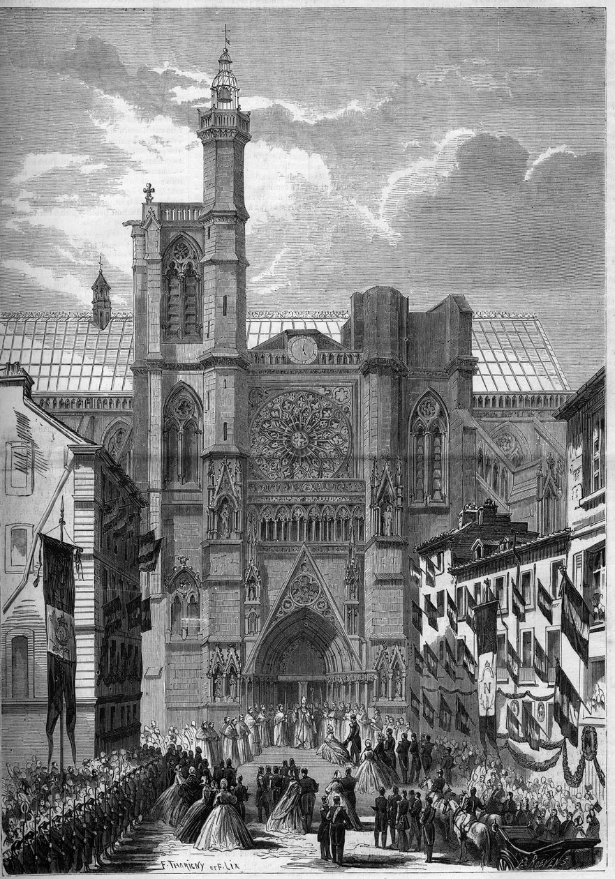 Gotische Architektur: Ansicht der Kathedrale Notre Dame de Clermont Ferrand (Clermond-Ferrand), Puy de Dome (63), während des Besuchs von Napoleon III. und der Kaiserin Eugenie de Montijo im Jahr 1862. Gravur in "Le Monde Illustré" Nr. 275 vom 19. Juli 186 von French School