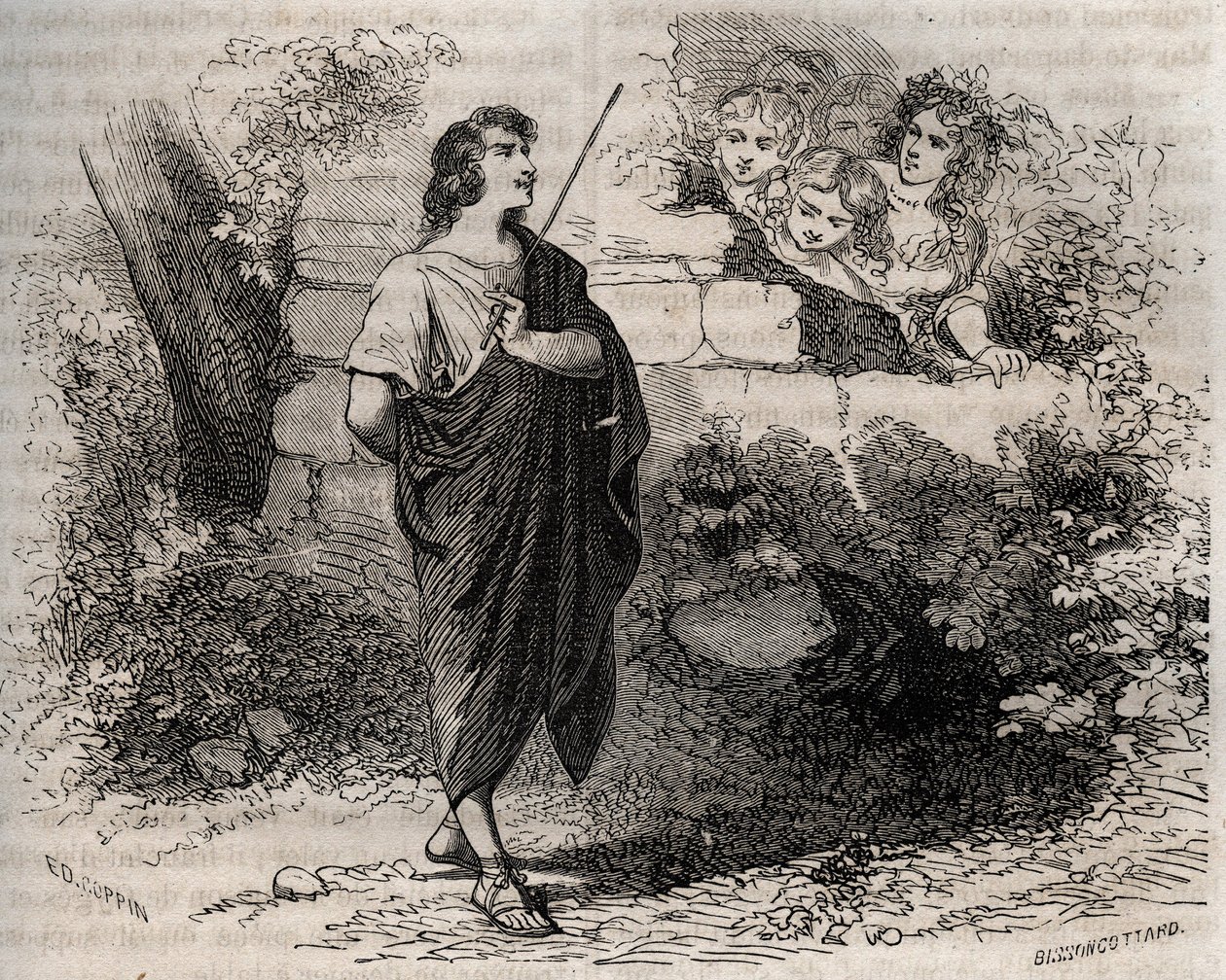 Griechische Mythologie: Bacchis und seine Freunde versuchen, Gyges zu verführen, der ablehnt und seiner verstorbenen Frau treu bleibt. Gravur von 1871 in "Histoire Des Cocus Celebres" von Henry de Kock (1819-1892) von French School