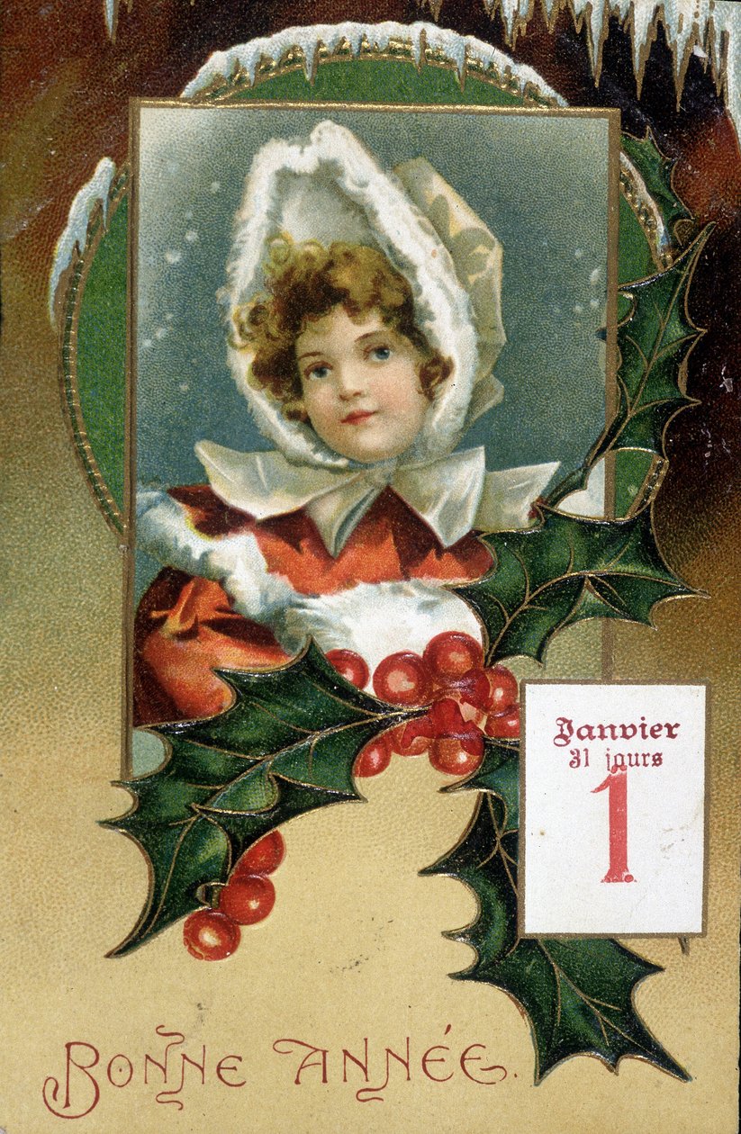 Neujahrskarte: „Frohes Neues Jahr“ (Mädchen mit Stechpalme) - Postkarte, frühes 20. Jahrhundert von French School