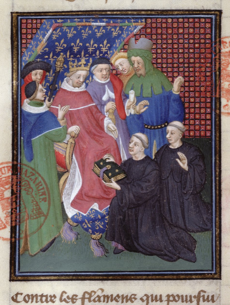 Guillaume de Nangis (gest. 1300 oder 1303) überreicht sein Buch an Philippe IV le Bel, König von Frankreich von 1285-1314 (Pergament) (Detail) von French School