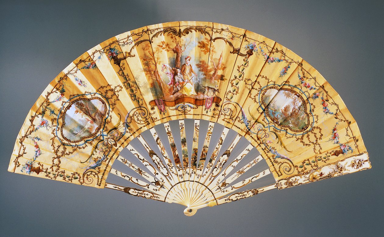 Handfächer mit Darstellung einer Jagdpause, bemalte Seide und Knochen, geschaffen von Felix Alexandre, Paris, ca. 1870 von French School
