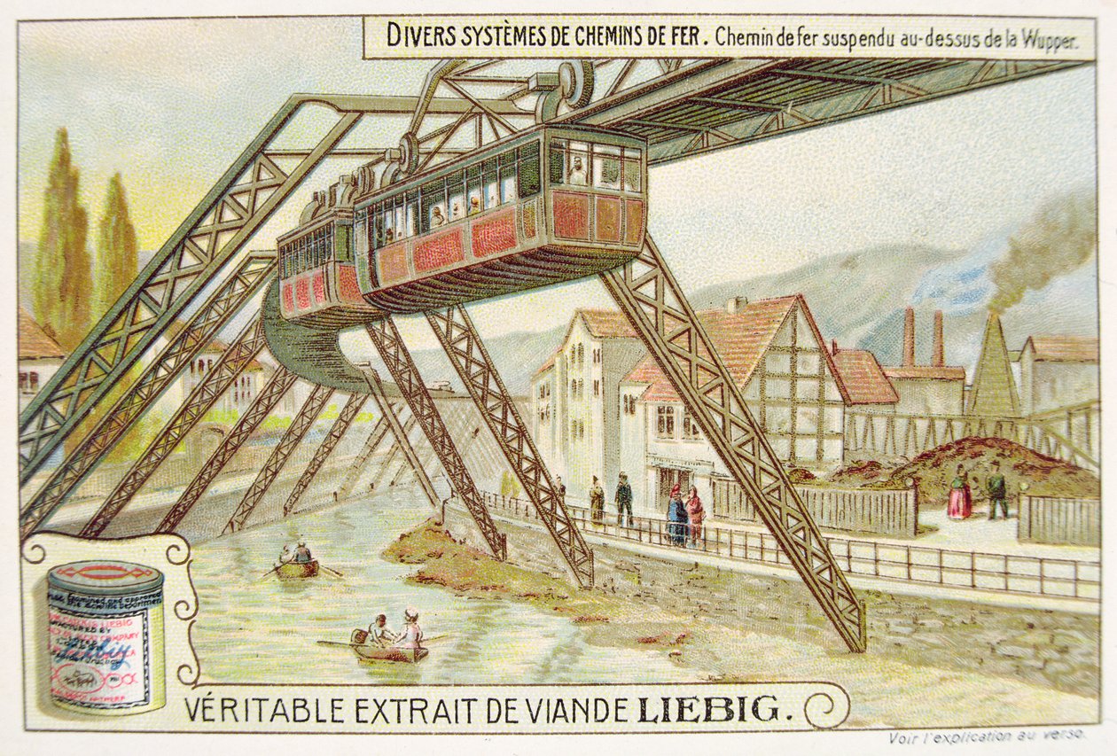 Hängebahn über dem Fluss Wupper, Werbekarte für Veritable Extrait de Viande Liebig von French School