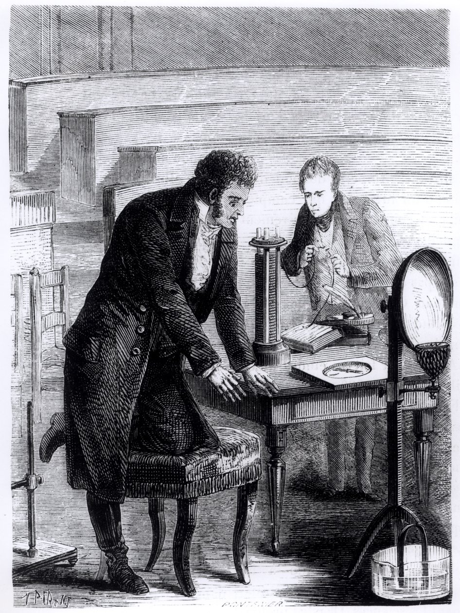 Hans Christian Oersted entdeckt die Abweichung der Magnetnadel durch geschlossenen Stromkreis, aus Les Merveilles de la Science von Louis Figuier, 1867 von French School