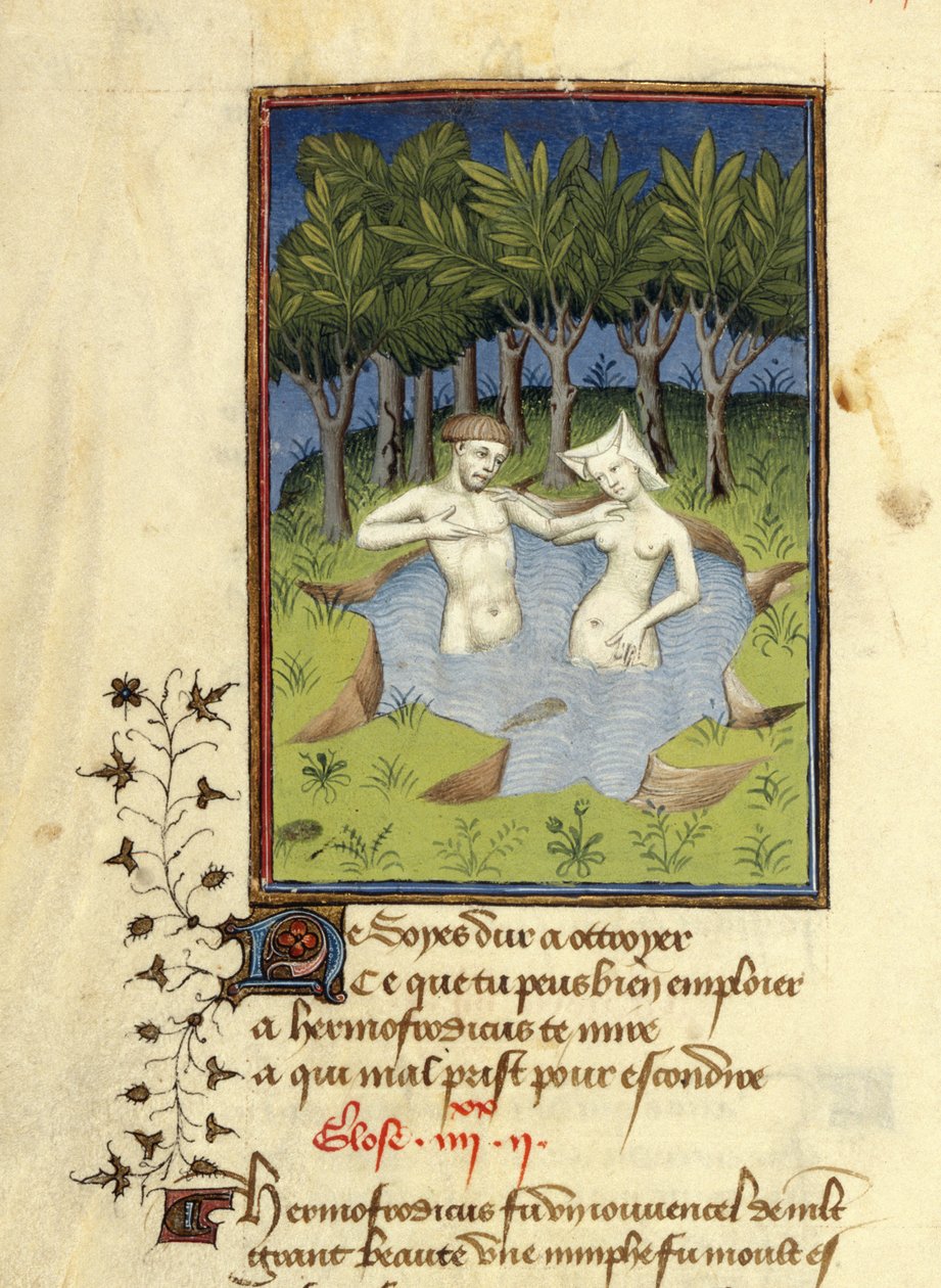 Miniatur von Hermaphroditus und der Nymphe Salmacis, die in einem See baden, aus 