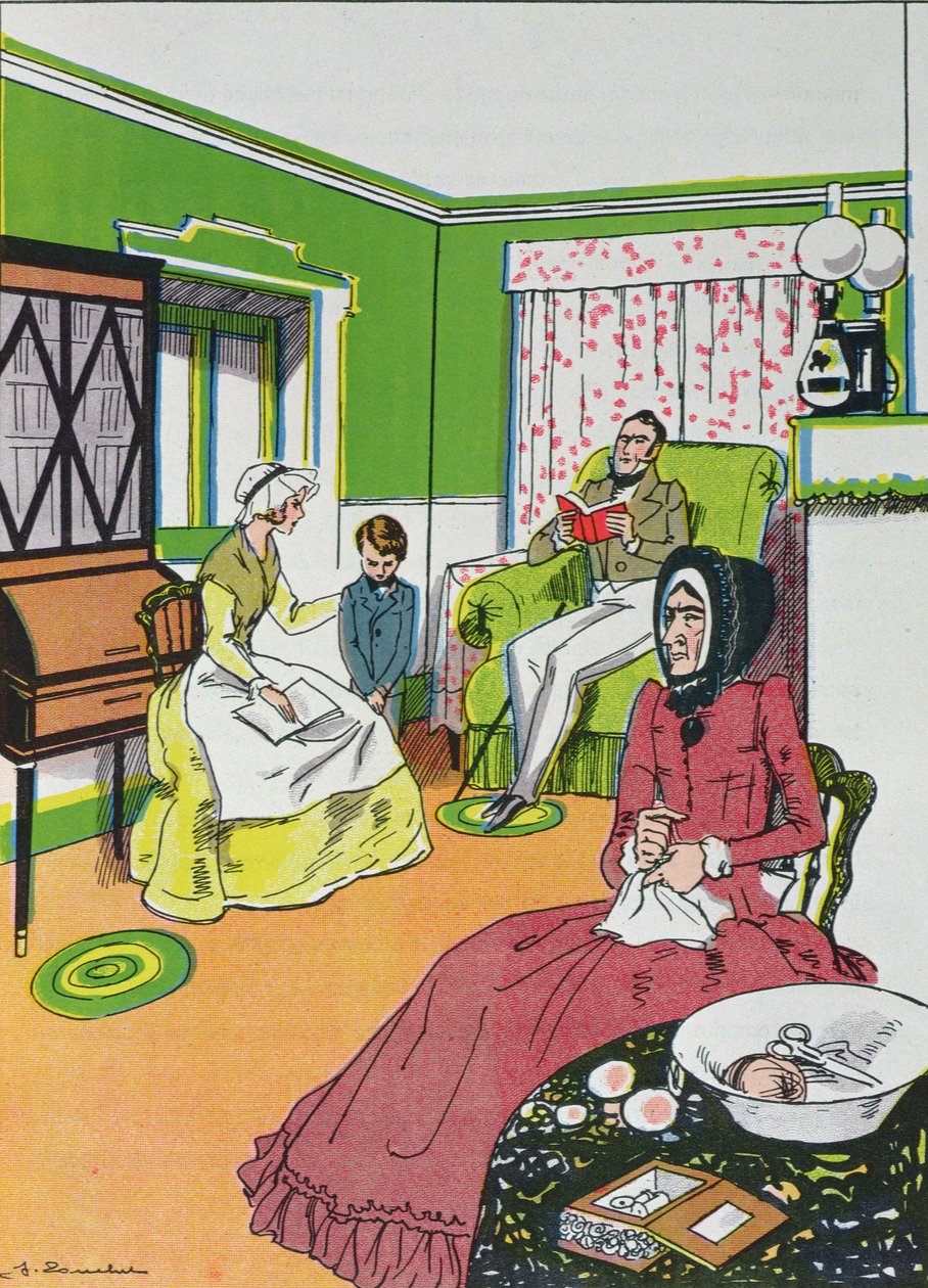 Er weiß es nicht. Schrecklich., unterbrach Miss Murdstone, aus Kapitel IV von David Copperfield von Charles Dickens (1812-70) von French School