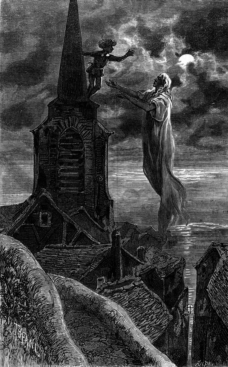 Er erschien auf dem Kirchturm. Gravur zur Illustration des Romans „Feuer und Flamme“ von Zenaide Fleuriot. In „Le Journal de la jeunesse“ von French School