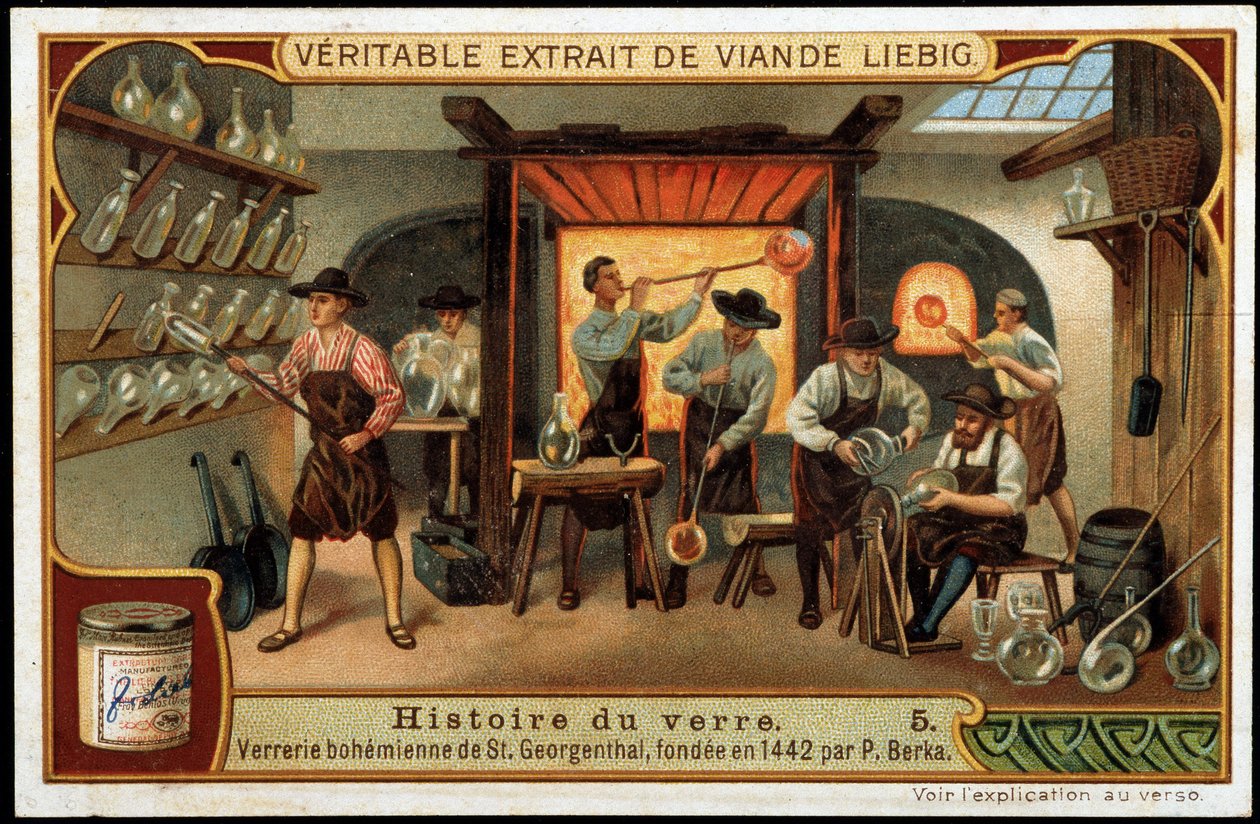 Geschichte des Glases: Böhmische Glashütte von Sankt Georgenthal, gegründet 1442 von P. Berka. Späte 19. Jahrhundert Liébig Chromolithographie von French School
