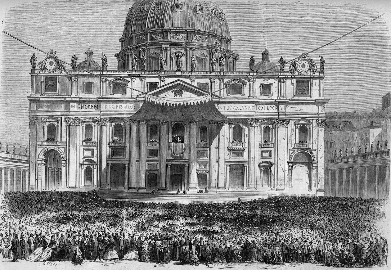 Karwoche in Rom: Blick auf den Petersplatz in Rom (Piazza San Pietro) während des Segens „urbi et orbi“ am Gründonnerstag und Ostersonntag. Gravur in Le Monde Illustré Nr. 526 vom 11. Mai 1867. von French School