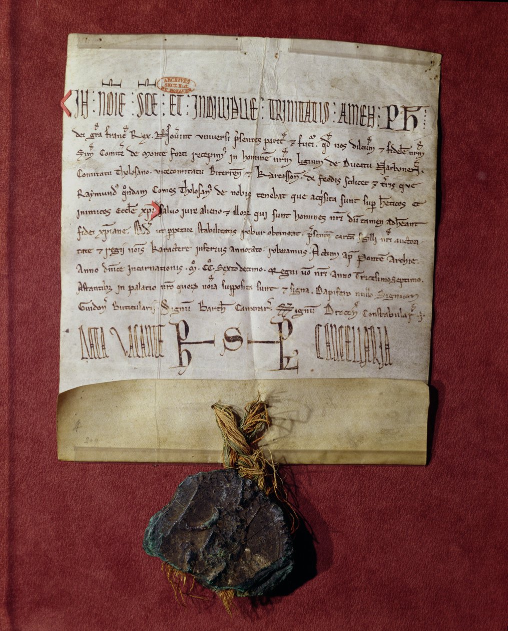Huldigung an König Philipp II. (1165-1223) von Simon de Montfort (ca. 1160-1218) für die von Raymond VI. (1197-1249) konfiszierten Gebiete, ca. 1216 von French School
