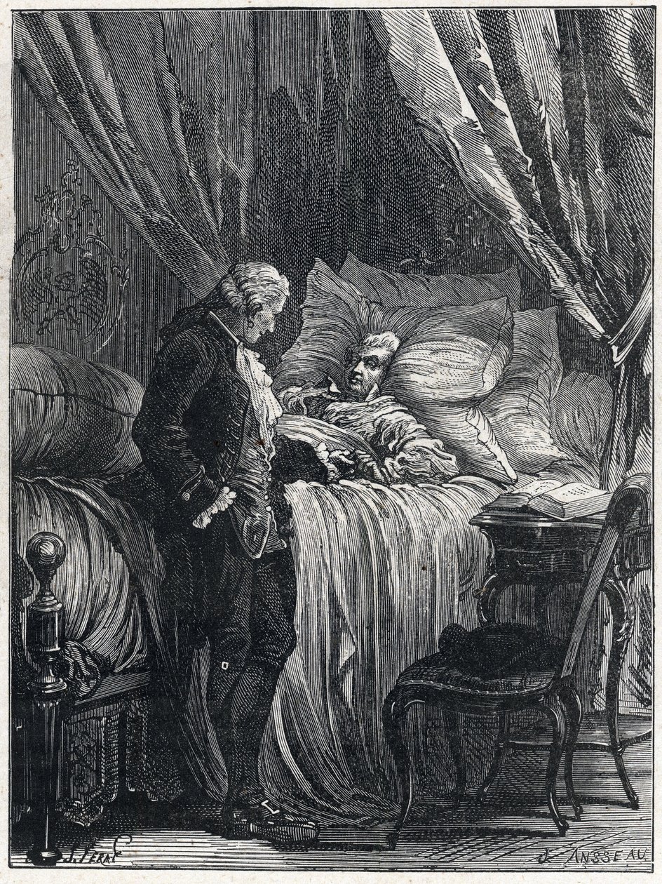 Honoré Gabriel Riqueti, Graf von Mirabeau (1749-1791) auf seinem Sterbebett mit seinem Arzt Georges Cabanis (1757-1808) im Jahr 1791 von French School