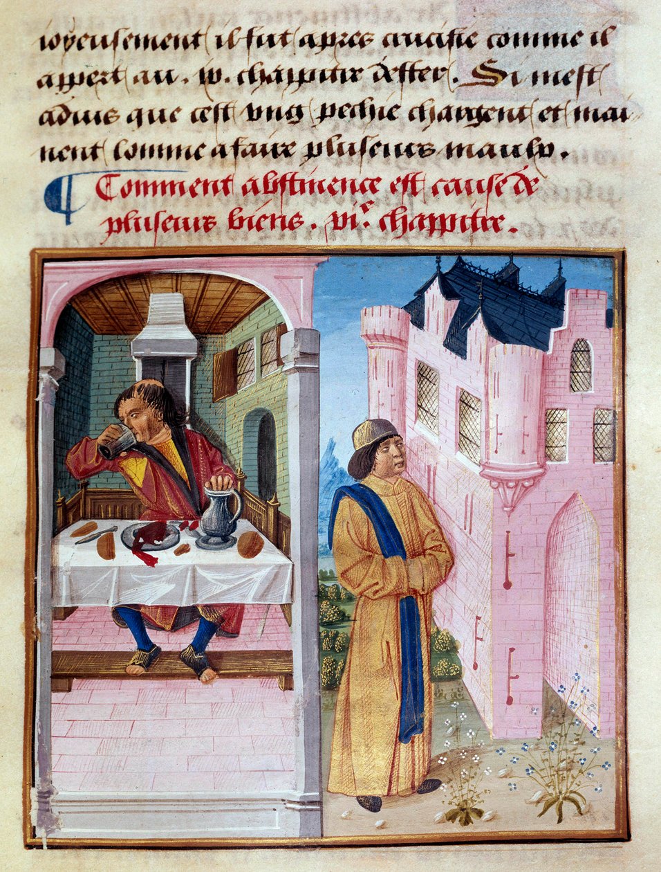 Wie Enthaltsamkeit die Ursache vieler Güter ist: links ein Mann, der Gier und übermäßiges Trinken darstellt, und rechts ein nüchterner Mann, der Tugend nährt und das Fleisch beherrscht. Miniatur aus Le livre de bonnes moeurs de Jacques Legrand von French School