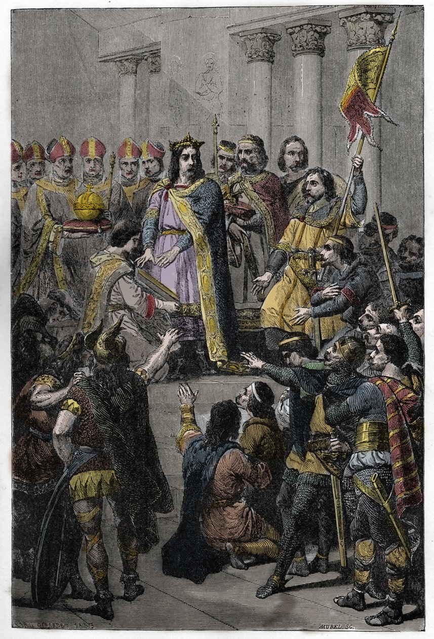 Hugh Capet zum König gewählt - Krönung von Hugues Capet (ca. 941-996), König von Frankreich, am 3. Juli 987 in Noyon, durch Adalberon (ca. 925-990), Erzbischof von Reims. von French School
