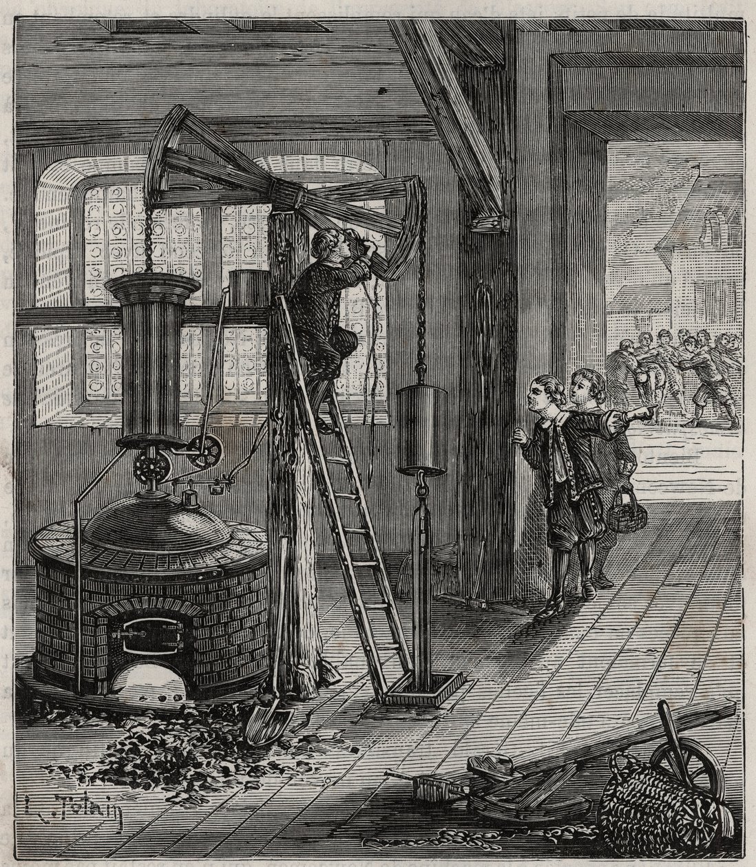 Humphrey Potter, verantwortlich für das Öffnen und Schließen der Ventile von Thomas Newcomens Maschine, machte sie durch richtiges Platzieren von Seilen und Anschlägen selbstständig funktionsfähig von French School