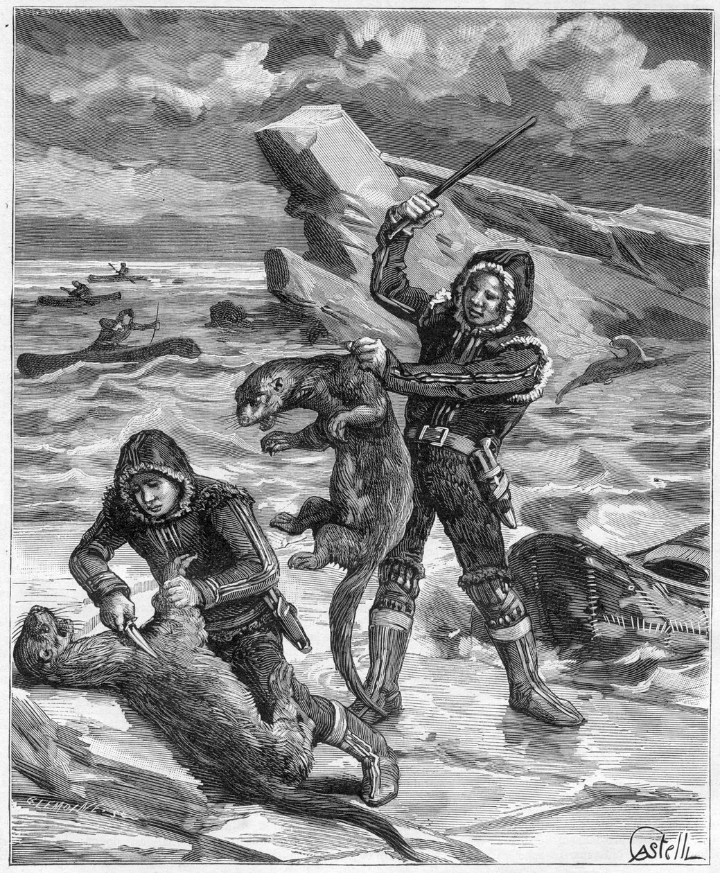 Otterjäger in Alaska - Jäger der Alaska-Otter im Jahr 1888 - Gravur im „Journal des Voyages“ 1888 von French School