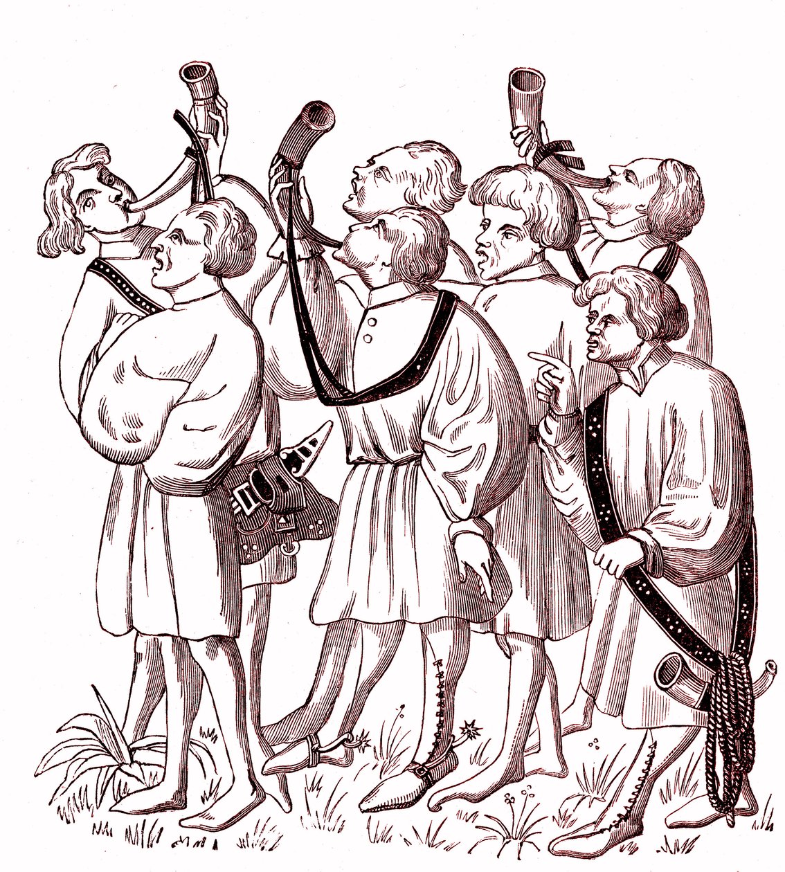 Jagdhornbläser (15. Jahrhundert) - Nachbildung einer Miniatur aus dem Manuskript von Gaston Phebus (1331-1391) von French School