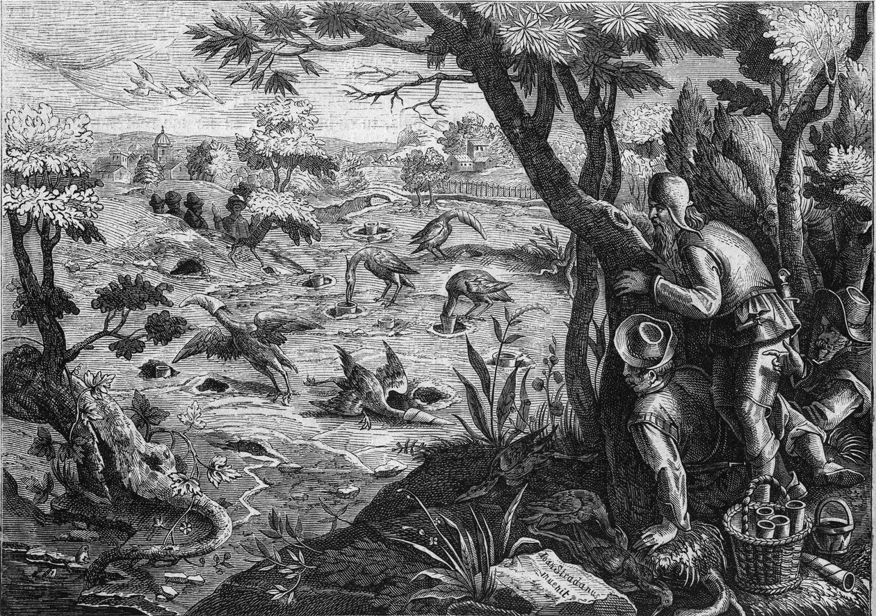 Jagdmethode: Der Kranichfang in Belgien im 16. Jahrhundert - Gravur von E. Garnier nach Jean Stradan - In „Le Magasin pittoresque“ von French School