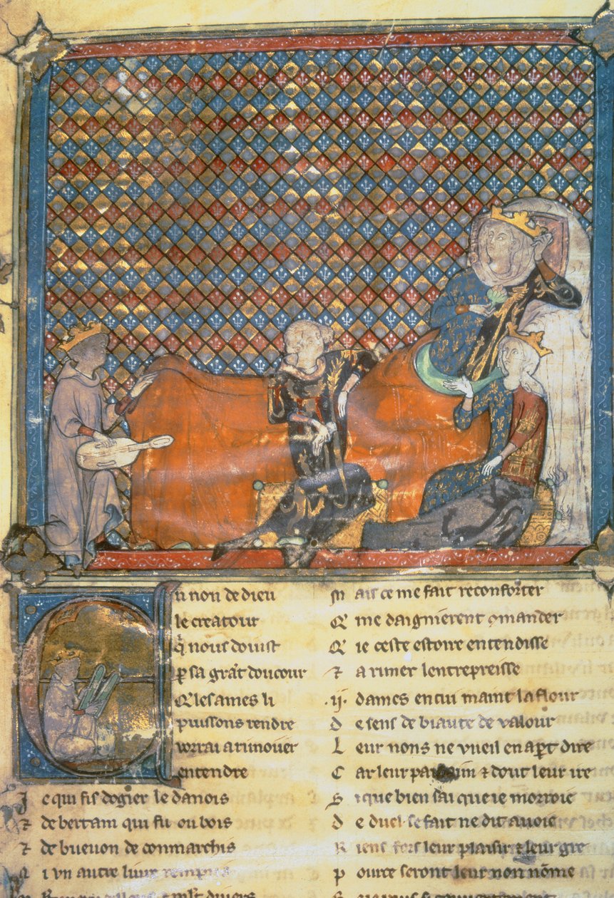 Illuminierte Seite aus einer Anthologie, von links nach rechts: Adenet le Roi, ein Minnesänger von Herzog Heinrich; Graf Guy von Flandern; Marie, Königin von Frankreich und Ehefrau von Philipp dem Kühnen; und Mada von French School