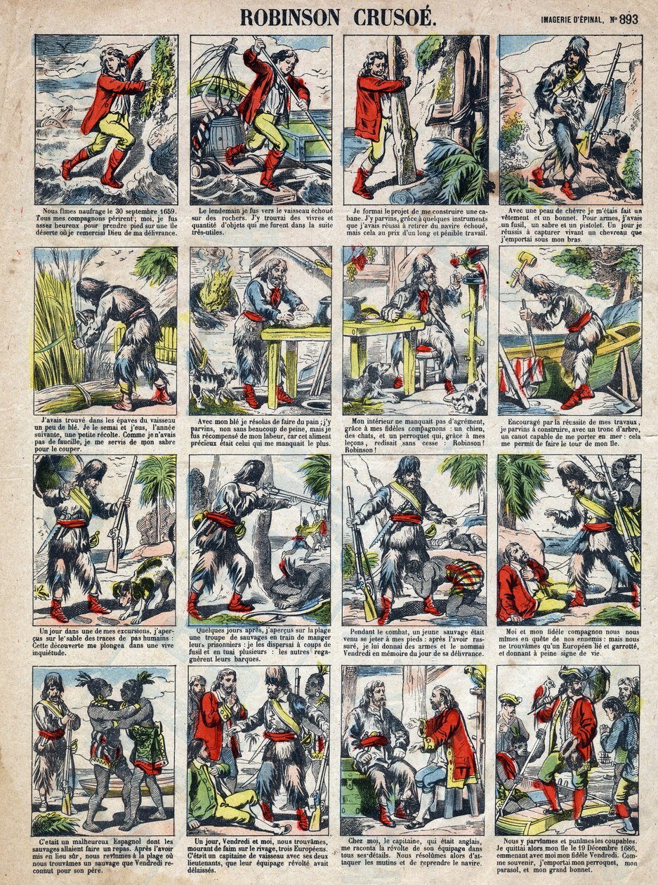 Illustration für das Buch von Daniel Defoe „Robinson Crusoe“. Epinal-Bild aus dem späten 19. Jahrhundert von French School
