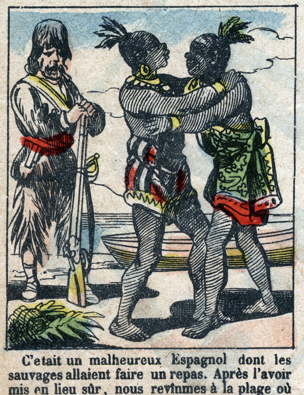Illustration für das Buch von Daniel Defoe "Robinson Crusoe". Epinal-Bildgebung Ende des 19. Jahrhunderts. von French School