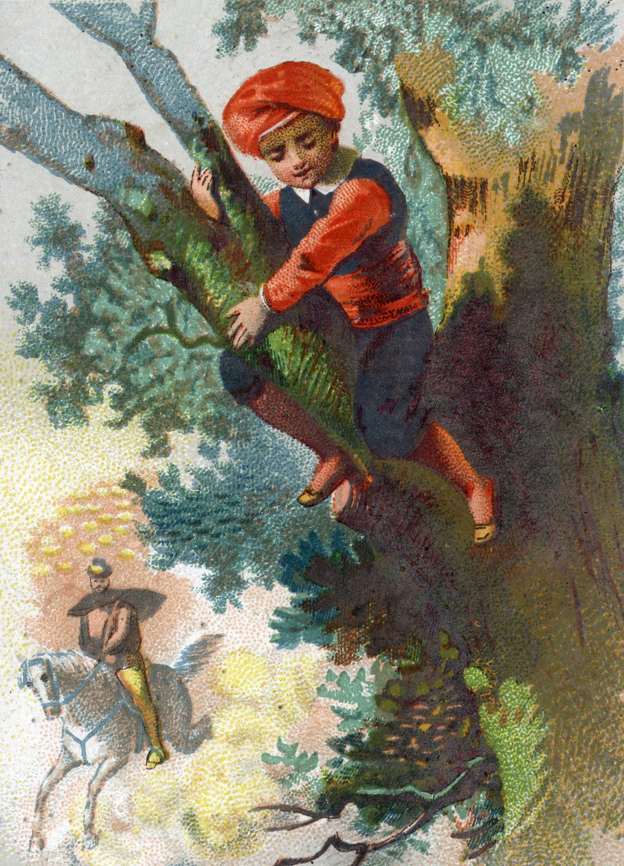 Illustration zu den Geschichten aus Tausendundeiner Nacht. Ali Baba sieht eine Gruppe von Dieben aus der Ferne in den Wald kommen und versteckt sich auf einem Baum von French School