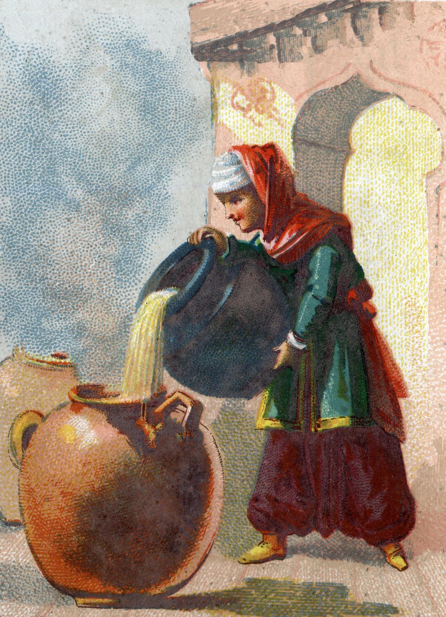 Illustration zu den Geschichten aus Tausendundeiner Nacht. Morgiane, eine Sklavin von Ali Baba, tötet die Diebe, indem sie kochendes Öl in jedes Gefäß gießt. Chromolithographie um 1890. von French School