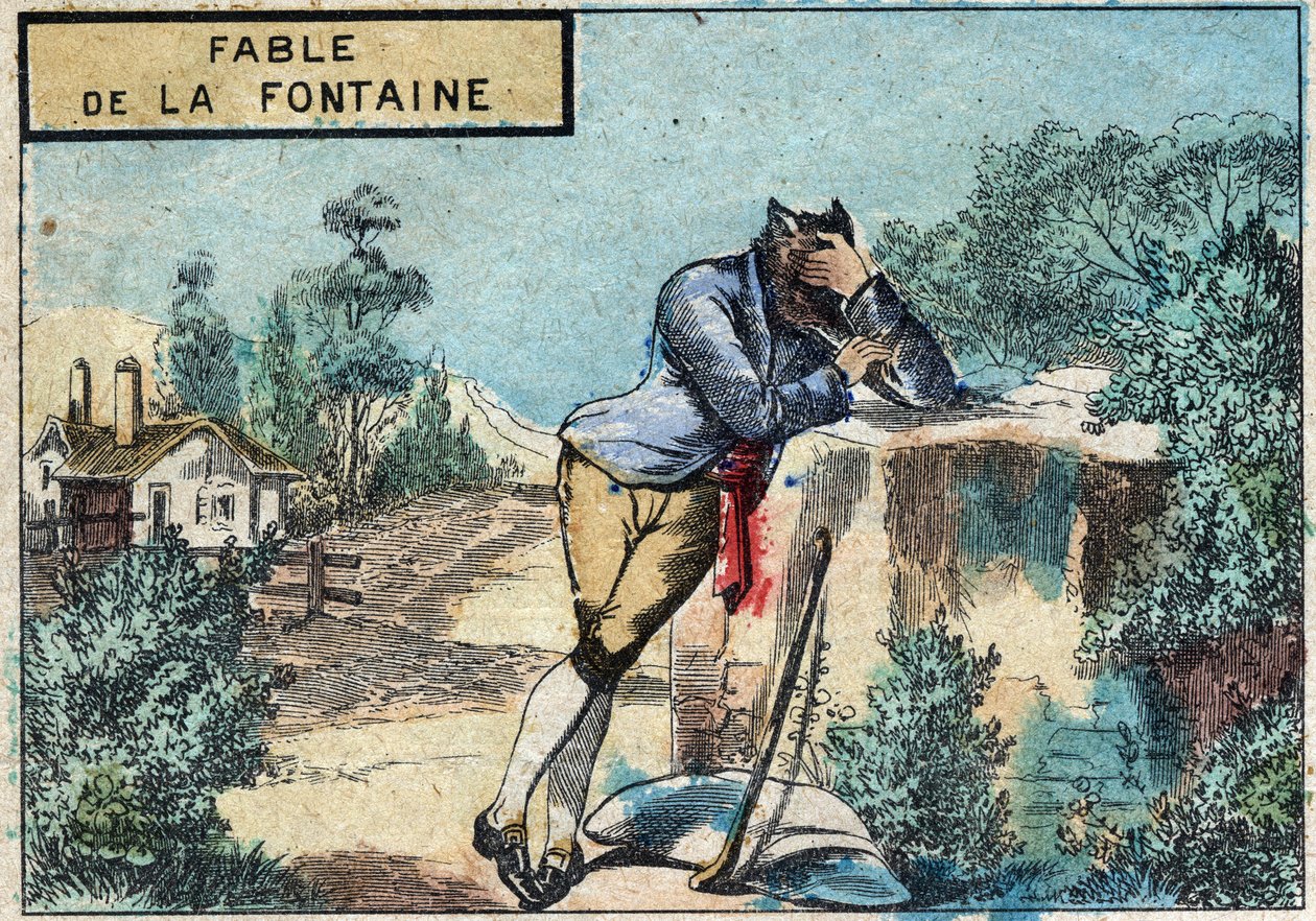 Illustration der Fabel von Jean de La Fontaine: Der Wolf wurde ein Schäfer. Epinal-Bildgebung Ende des 19. Jahrhunderts. von French School