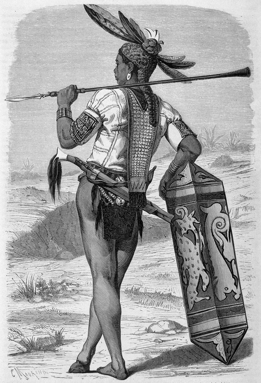 Illustration veröffentlicht in der Ausgabe von „Le Tour du monde“ von 1870 - 1871, die einen Dayak (Eingeborenen) auf der Insel Borneo zeigt. Gravur von French School